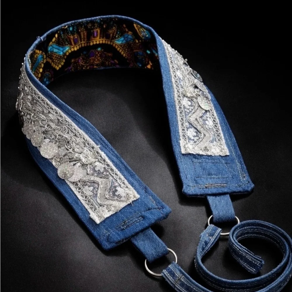 Artisan Boho Denim Coin Belt Handmade Upcycled Festival Waist Belt 33-38 Signed